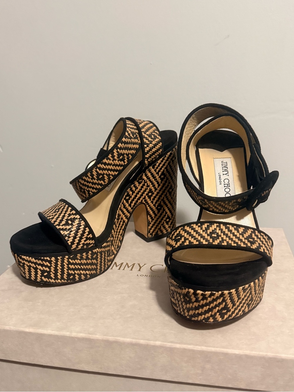 Jimmy Choo 100mm Black and Tan Woven Platform Sandals EU 38